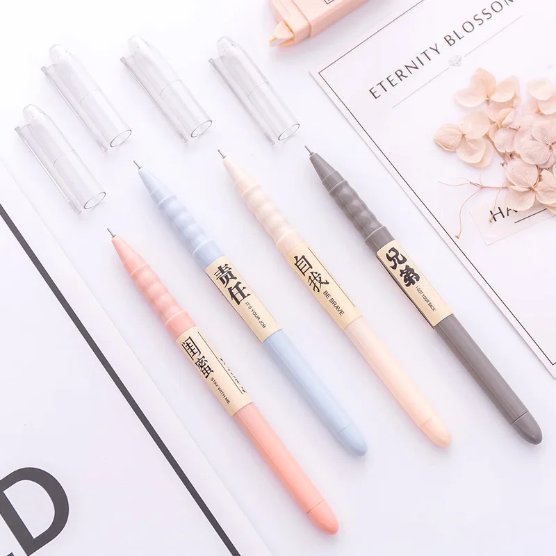 

4PCS Cute Pure Color Chinese Words Gel Pen Kawaii Pen for School Student Stationery 0.5mm Black Ink Office Cute School Supplies