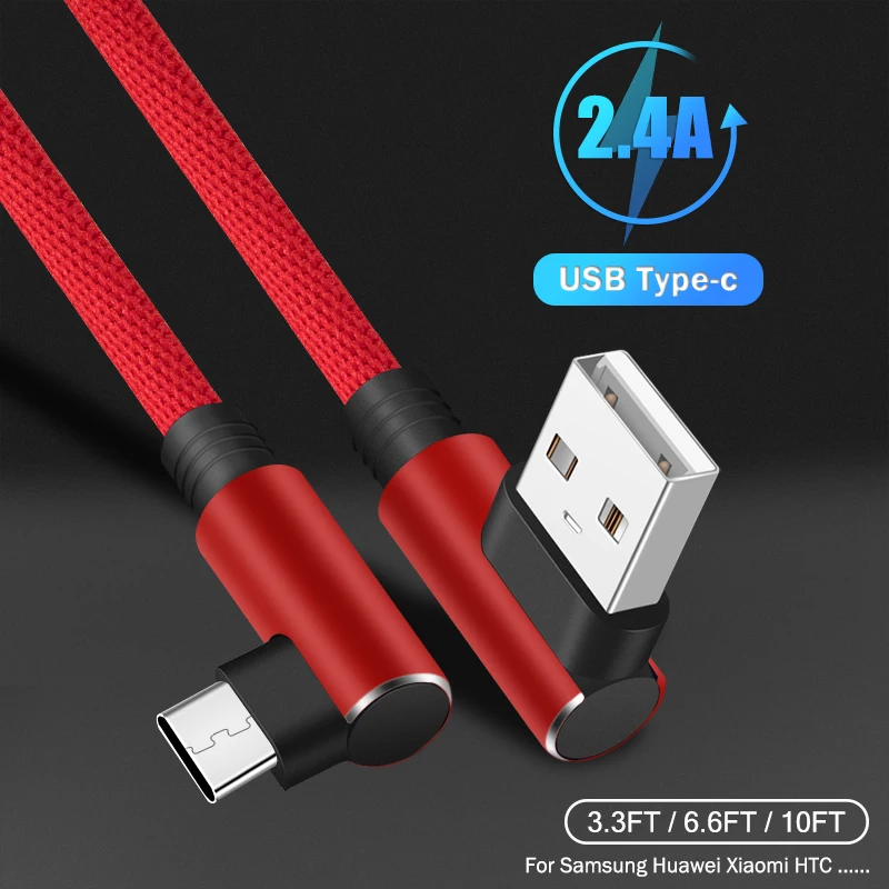 

2.4A USB Type C Cable 90 Degree for xiaomi redmi note 7 USB-C Cable for samsung Huawei Honor 10 Playing Game Charging USB Cable