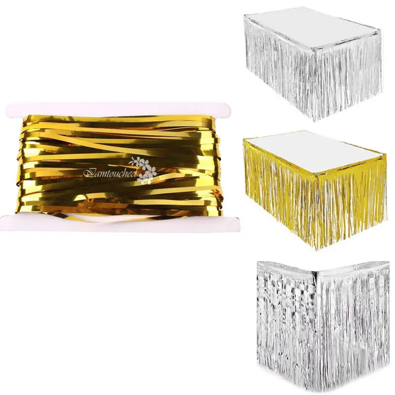 

High Quality 2019 274 x 74cm Metallic Foil Table Fringe Gold Silver Skirt Wedding Party Supply