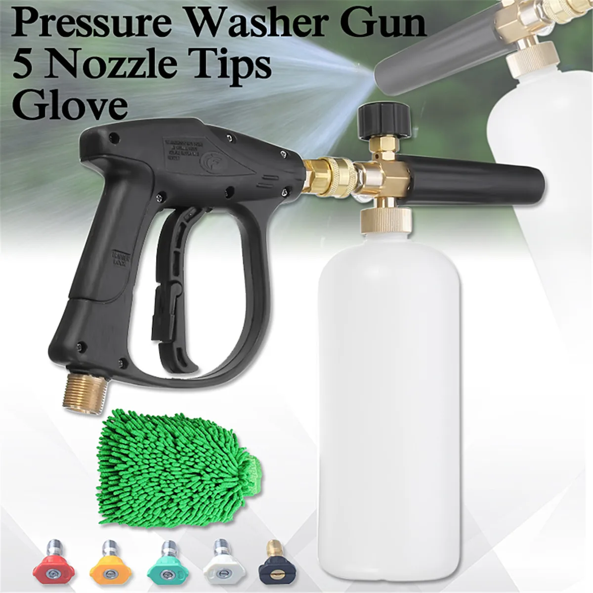 

High Pressure Washer Gu n Water Jet 3000 PSI M22 1/4 Inch Snow Suds Lance Cannon 1L Glove 5 Nozzle Tips Set