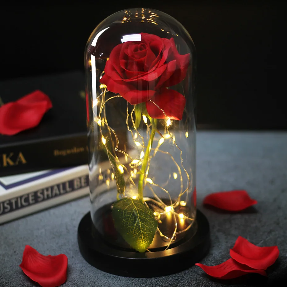 Красивые вечная роза светодиодный светильник Красота и с рисунком из мультфильма «Красавица и Чудовище» Роза в Стекло купол палатки для ко Дню Святого Валентина матери или Рождественский подарок ко Дню