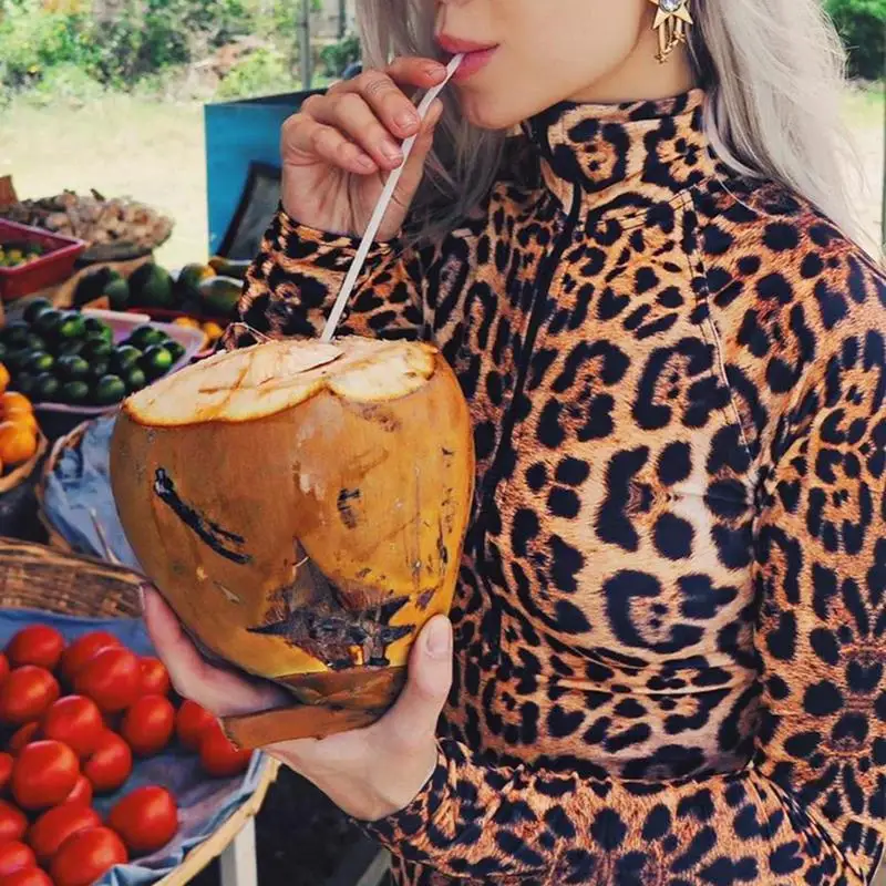 ليوبارد ارتداءها للنساء مثير Bodycon نحيل بدلة للجسم الياقة المدورة طويلة الأكمام Playsuit المطبوعة رومبير حللا