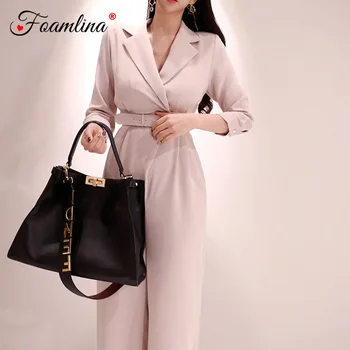 

Elegant Women Jumpsuit 2019 New Spring Fashion Notched Collar 3/4 Sleeve Belted Wide Leg Wear to Work Office Long Jumpsuits
