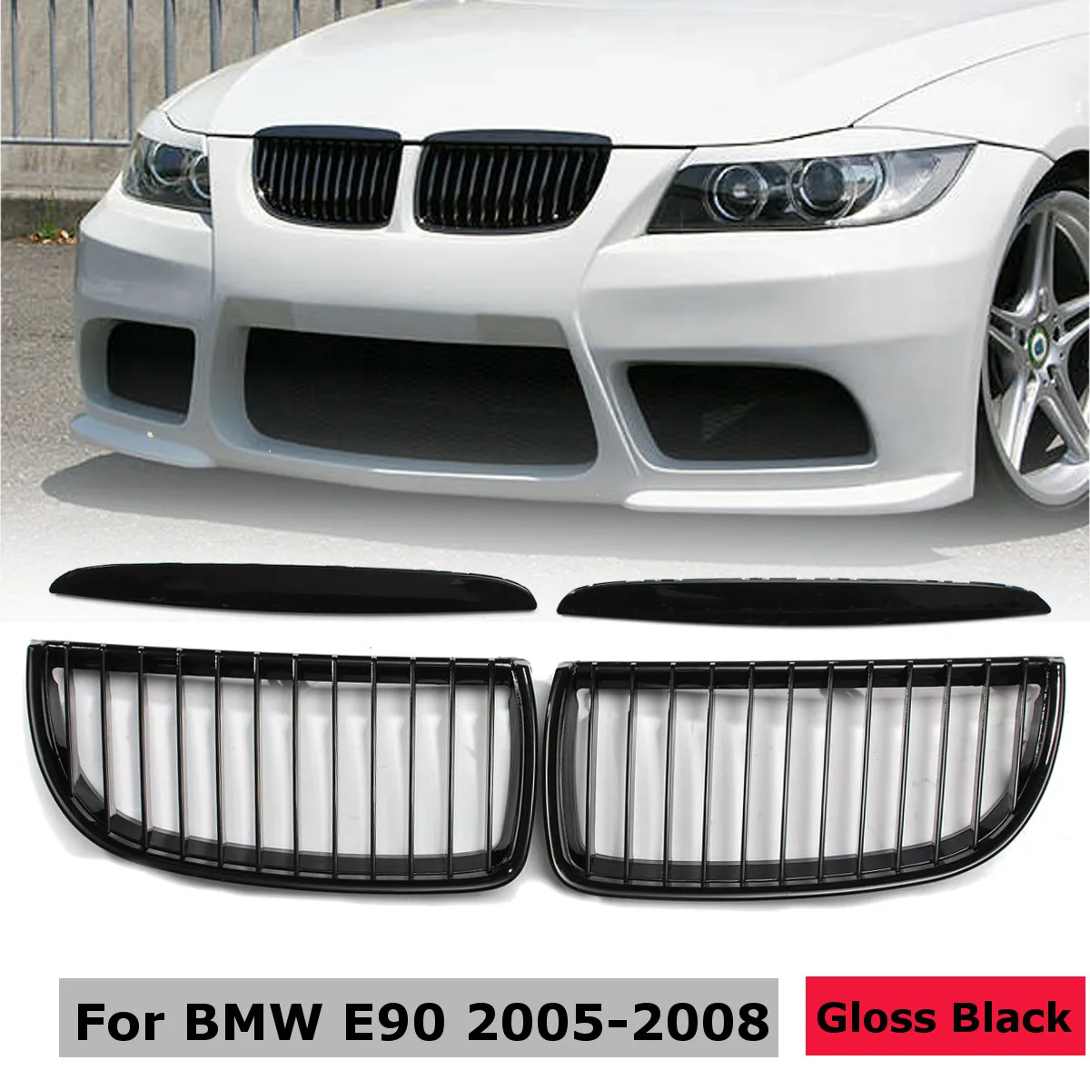 

2Pcs Car Front Left & Right Center Kidney Grille Grill Gloss Black for BMW E90 3-Series Sedan 2005 2006 2007 2008