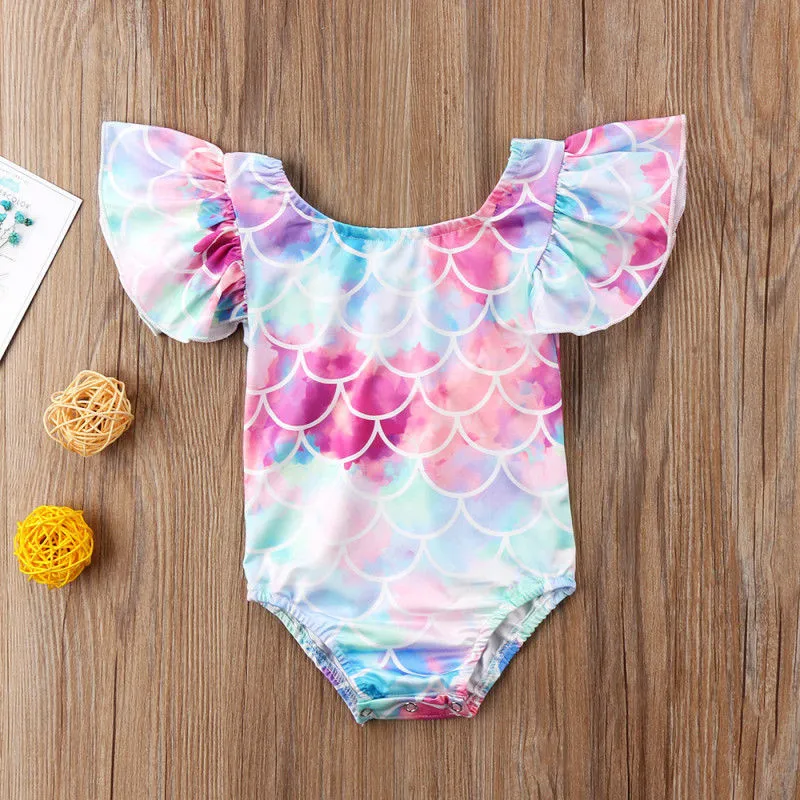 

Fashion Casual Slim Print Cute Kid Baby Girl Ruffle Mermaid Swimsuit Swimwear Bikini Beachwear Summer Clothes