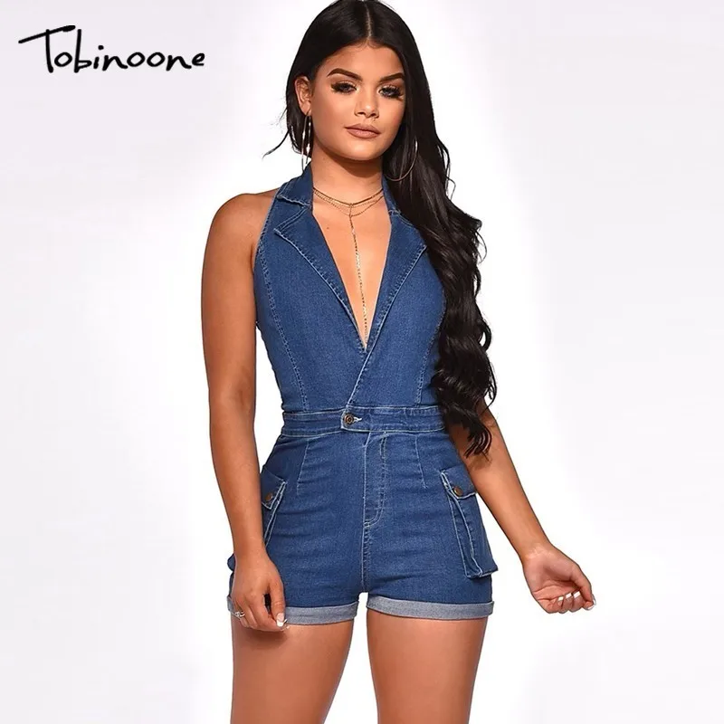 

Evaqueen Women Casual Summer Denim Romper High Waist Jeans Overall BF Deep V Neck Pocket Shorts Jumpsuit sexy Playsuit Bodysuits