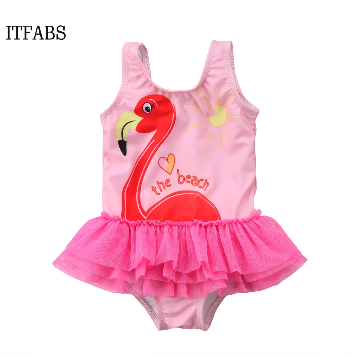 Adorable Kid Baby Girl One-Piece Tulle Bikini Flamingo Printed Swimwear Swimsuit Beachwear Lovely Girls Swimming Costume