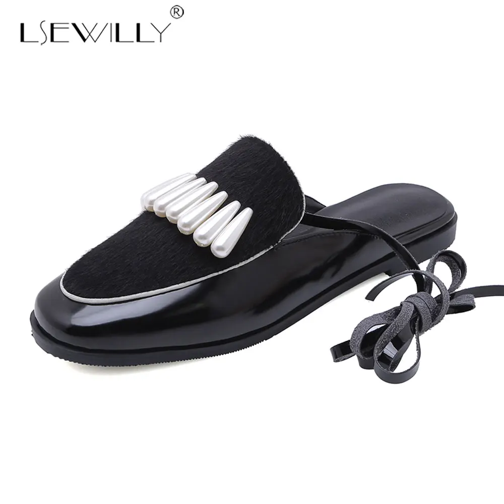 

Lsewilly 2019 Casual Black Red Cross Tied Ankle Strap Flat Heel Mule Shoes Horsehair Bead Women Flats Summer Spring E834