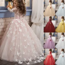 Элегантное кружевное бальное платье с фатиновой юбкой для девочек, платья с цветочным узором для девочек, с длинными рукавами и бабочкой, для свадьбы, милые детские платья принцессы