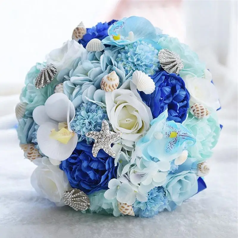 

Romantic Wedding Bouquets For Brides,Beach Shell Blue Artificial Wedding Flowers Brooch Bridal Bouquets,Handmade Holding Flowe