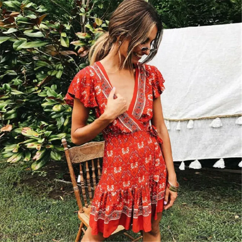 New Summer Floral Print Mini Dress Women Short Sleeve V neck Lace Up Vintage Indie Folk Style Dresses