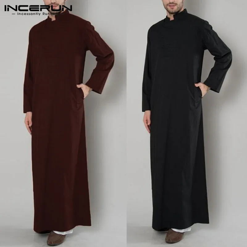 

INCERUN Men Muslim Islamic Kaftan Dress Arabia Robe Stand Collar Long Sleeve Pockets Jubba Thobe Men Dubai Kaftan 2019 Plus Size