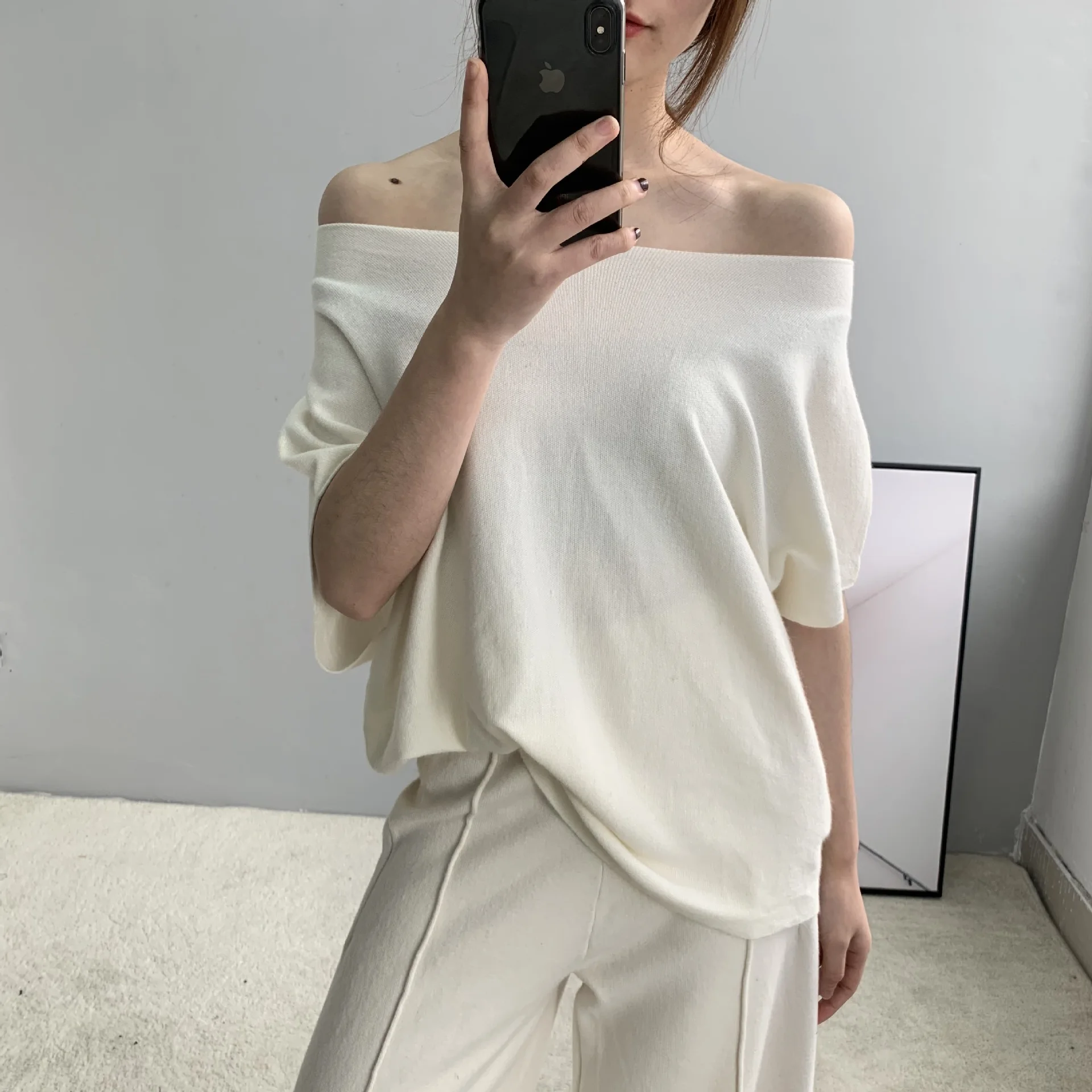 

2019 spring and summer new style collar sexy thin blouse loose thin minimalist knitted short-sleeved shirt women's clothing