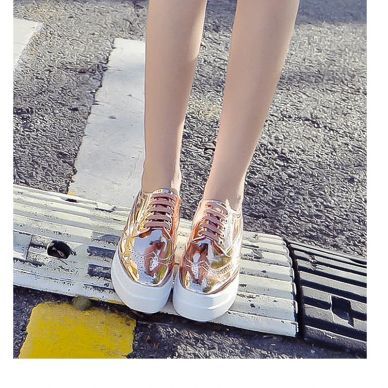 

SWONCO Women's White Sneakers English Style Shoes 2019 Genuine Leather Shiny Heels Square-Head Women Platform Gold Heels Sneaker