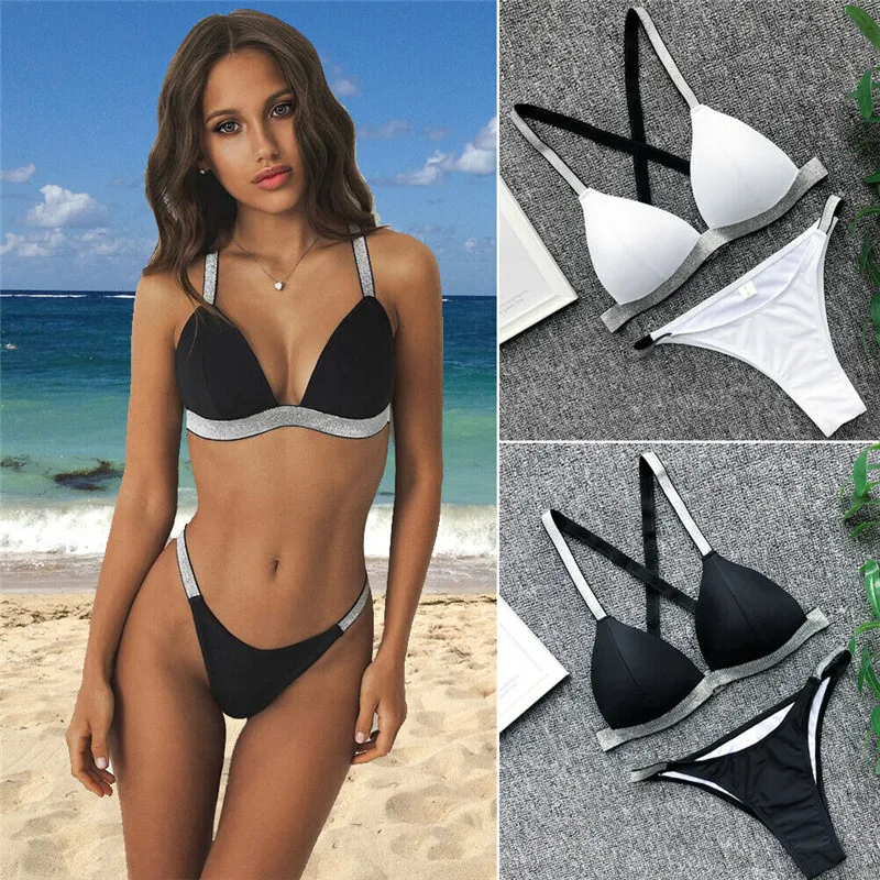 

Patchwork padded women ladies swimsuit biquini Sexy summer bling beachwear bathing sports triangle bikini swimwear two-piece New