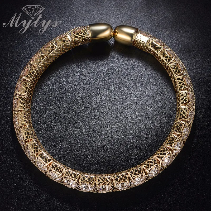 

Mytys Brand Designer Wire Mesh Tennis Bracelet Inside Crystal Chain Mesh Net Tube Bracelet Open Cuff Free Size Jewelry B1033