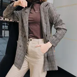 2018 Демисезонный клетчатый Блейзер Для женщин длинный костюм куртка двубортный Блейзер Винтаж карман длинный рукав офис пальто