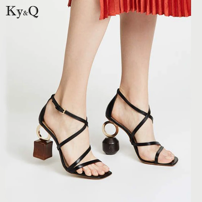 

Summer 2019 New Women's Personality Shallow Leather Blocks Comfortable Buckle With Wild Shaped Wedding High-heeled Sandals 10cm