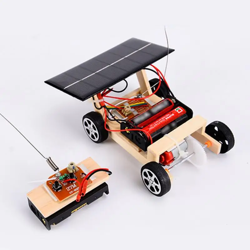 Solar Powered Mini RC Car Funny Vehicle Wooden Kids Gift DIY Assembly Intelligence Building Tube Wireless Educational Toy Model