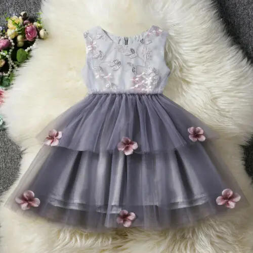 

Summer Princess Toddler Kids Baby Girls 3D Floral Embroidery Sleeveless Clothes Tulle Dress Flower Party Dresses