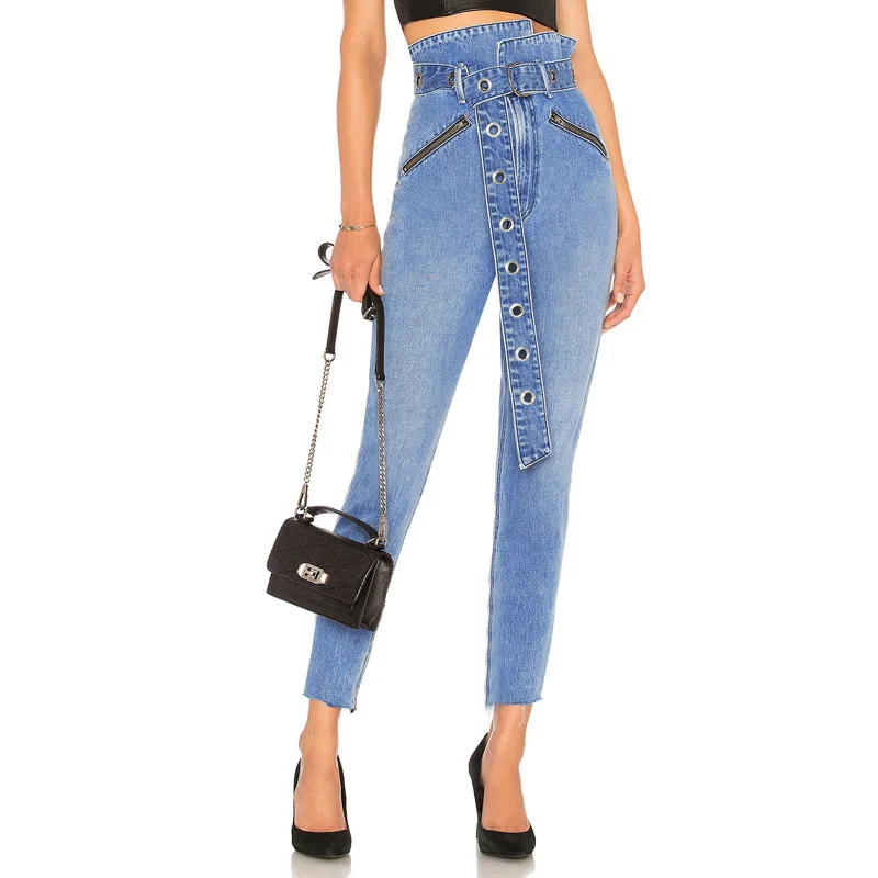 Классический синий женский бумажный мешок талии джинсы пуш-ап карандаш брюки джинсы с высокой талией с d-образным кольцом поясом Металлические молнии передние карманы