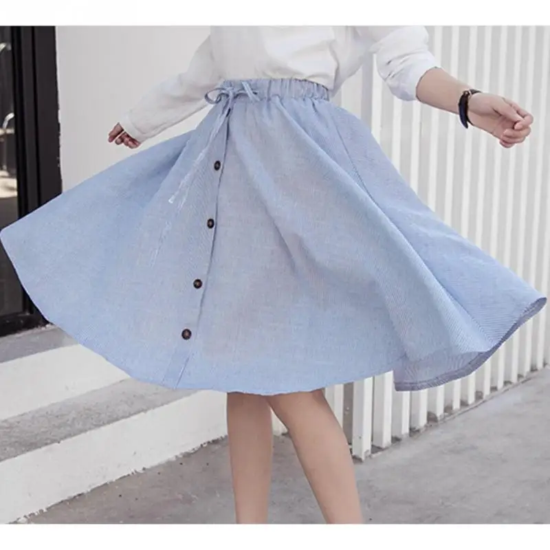 

2018 Fashion ruffles Striped skirt with button decor Light blue Elastic band bowknot casual A-Line skirt for girl women#H1019