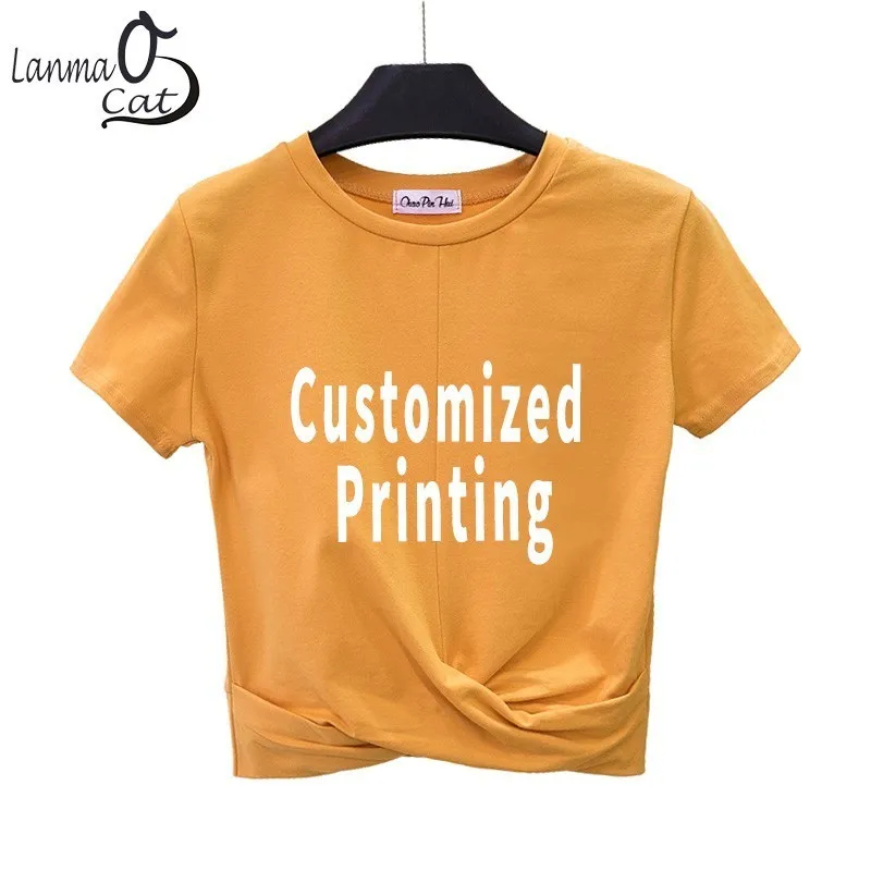 

Lanmaocat T-shirt For Women Black Casual Cross Crop Top Shirts For Girls Customized Logo Printing Cotton Clothing Free Shipping
