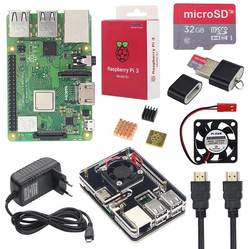 Raspberry Pi 3 Model B + стартовый комплект + 6 слоев акриловый чехол + 16 32 Гб sd-карта + теплоотвод + вентилятор + 3A адаптер питания + кабель HDMI