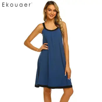 

Ekouaer Summer Sleepwear Women Sleepshirts Night Dress O-Neck Sleeveless Front Pleated Loose Night Gown Homewear