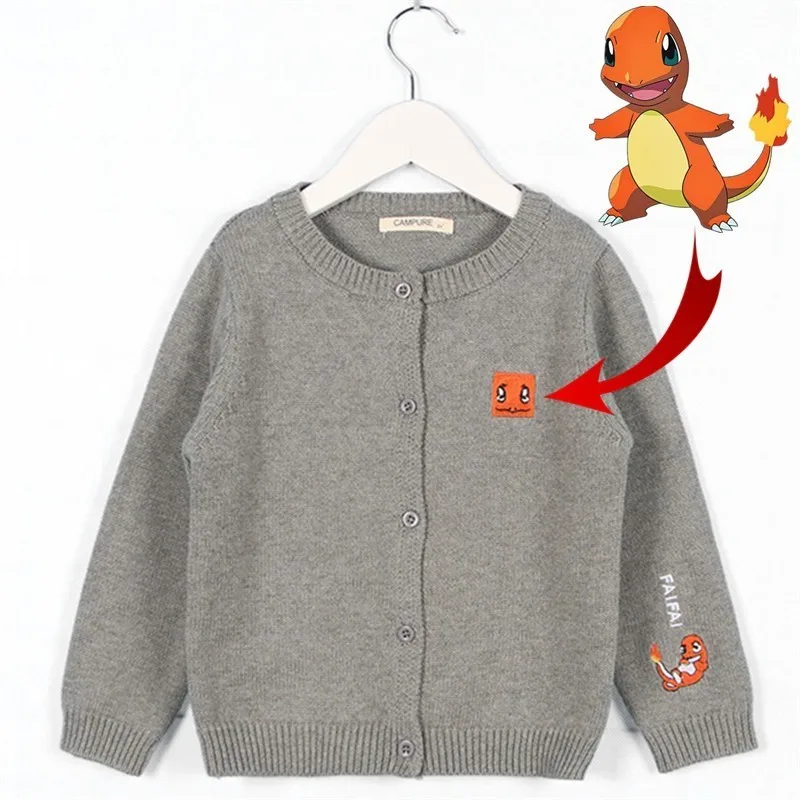 

2018 Autumn Winter Cotton Sweater Top Baby Children Clothing Boys Girls Knitted Cardigan Pokemon Charmander Embroidery Knitwears