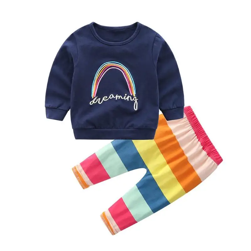 2pcs Autumn Baby Clothes Set Soft Cotton Rainbow Print Cute Boys T