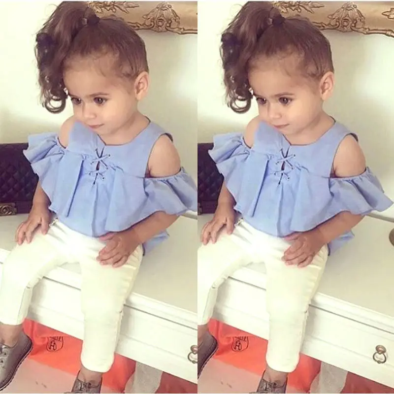 

2019 Newest Style Baby Clothes Summer Baby Girls Warehouse Price Off Shoulder Tops+Long Pants Adorable Clothes Set Size 1-6Y