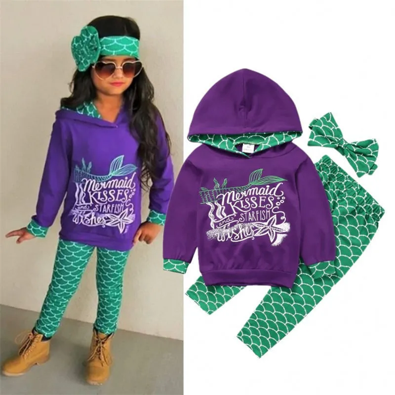 

2019 New Boutique Toddler Kids Girls Mermaid Hoodie Tops Pants Headwear Outfits Clothes 3Pcs Set Baby Girl Cotton Clothes Set