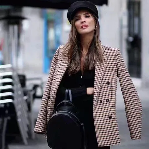 

Fashion Double Breasted Plaid Blazer Women Long Sleeve Slim Ol Blazer Casual Spring Female Jacket Blazer