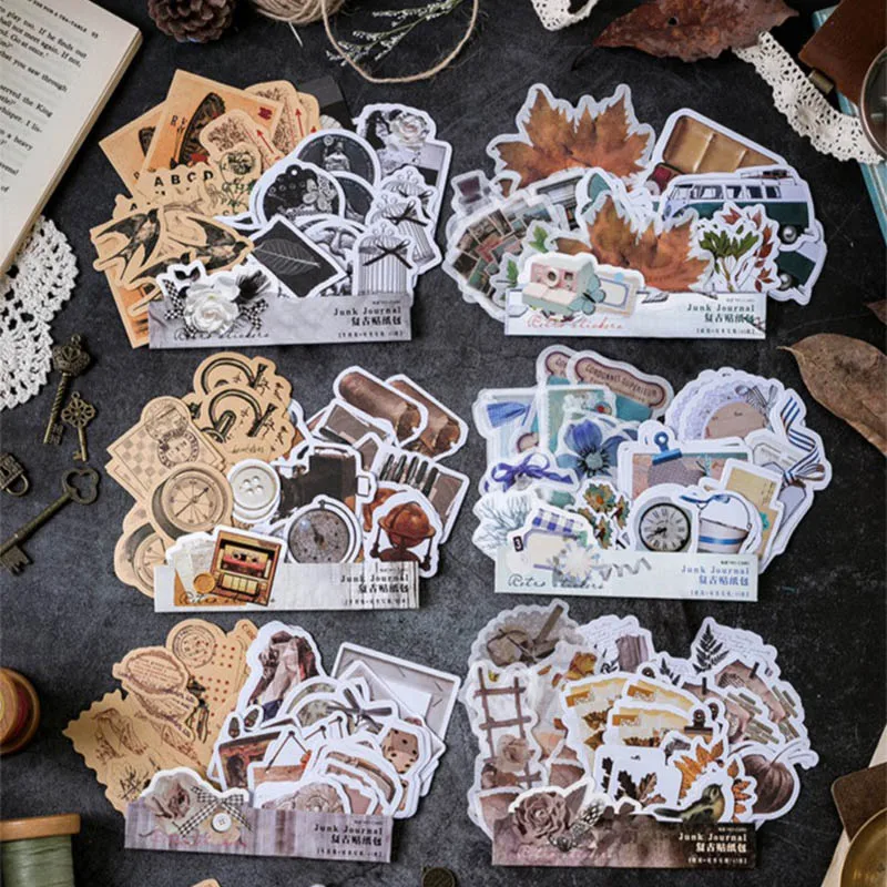 

45pcs/box Retro Clock Stickers Adhesive Sticker Kawaii Plant Animal Decor Scrapbooking Diary DIY Albums Stationery Supplies
