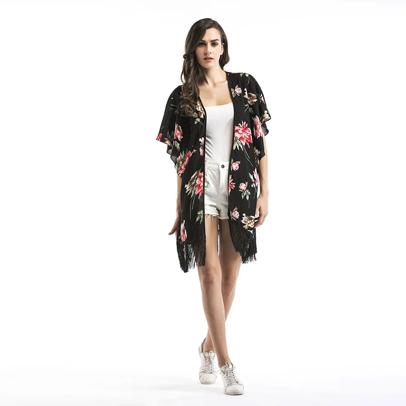 Рубашка женская летняя Пляжная с цветами из шифона кисточками шаль бахромой 2019 |
