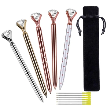 

5 Pcs Big Crystal Diamond Ballpoint Pen,Metal Ballpoint Pen Office Supplies,With 5 Ballpoint Pen Refills, 1 Black Velvet Bag,