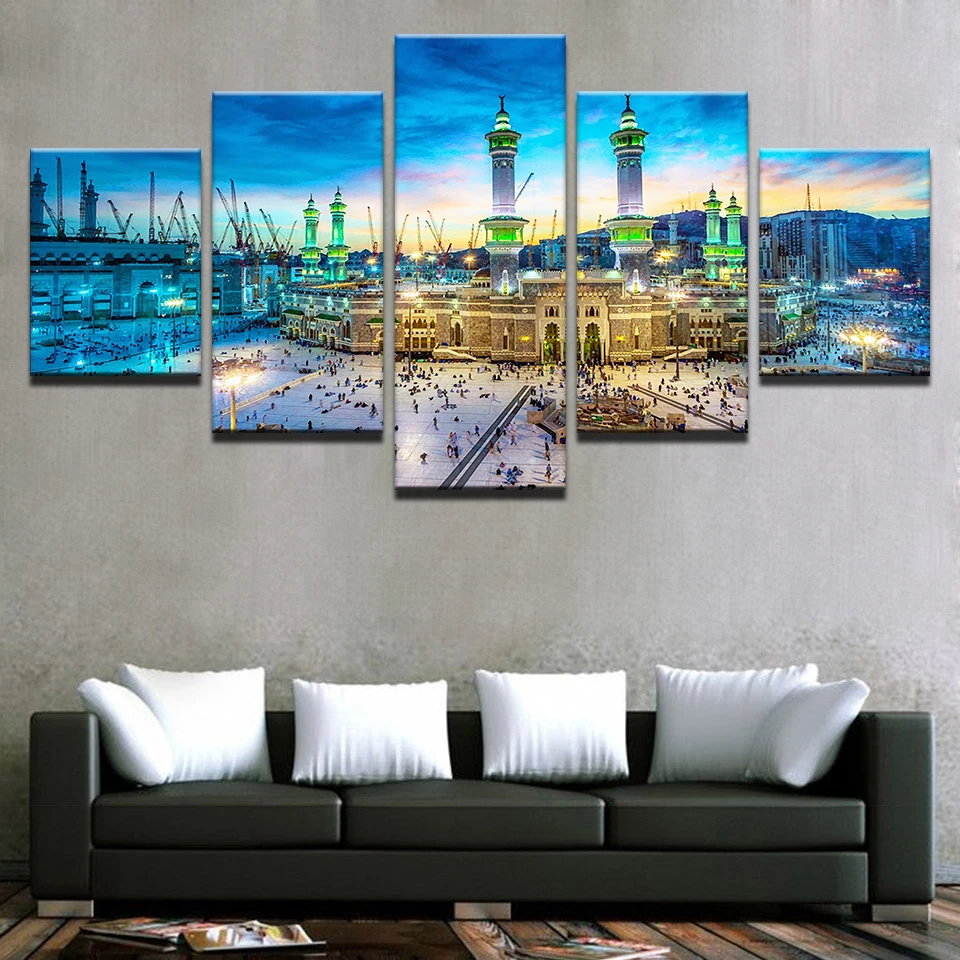 

5 Pieces Canvas Painting Wall Art Islamic Muslim Poster Mosque Nightscape Picture Home Decor For Living Room Poster Canvas Print