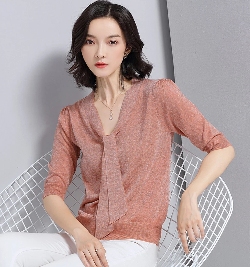 Spring and summer new style Bow streamer short sleeve Knitwear thin top Double bow tie top