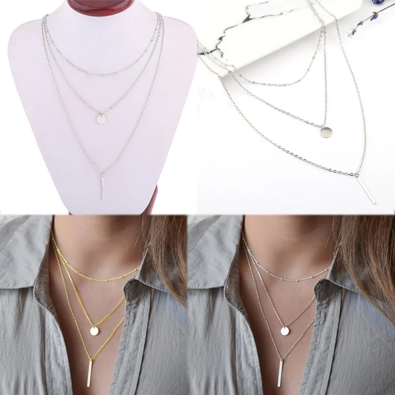 

2019 New Hot 1PC Necklaces Golden Adjustable Simple Clavicle European Valentines Gift Sequins Bar Coin Multilayer Chain Tassel