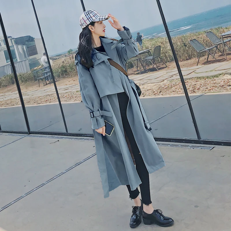 

Brand Korea Loose Oversize Trench Coat Long Women Solid Blue Khaki Self-tie Sash Ladies Casual Overcoat Windbreaker Quality