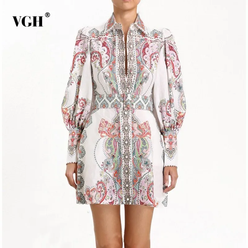 

VGH 2019 Spring Casual Print Dress For Women Lapel Collar Lantern Sleeve High Waist Slim A Line Dresses Female Fashion New Tide