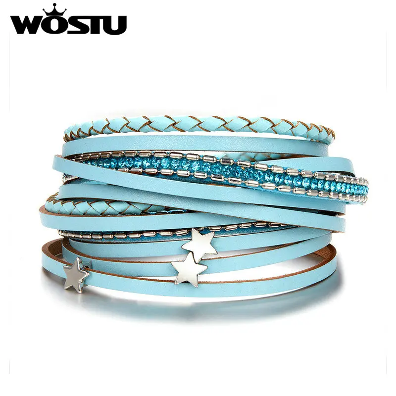 

WOSTU 2019 New Fashion 48.5 CM PU Leather Wrap Bracelet With Magnet Clasp Blue Star Leather Bracelet For Women Jewelry SDQ0346