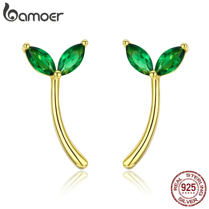 

BAMOER Genuine 925 Sterling Silver Green Hope Tree Bud Cubic Zircon Stud Earrings for Women Fashion Earrings Jewelry BSE019