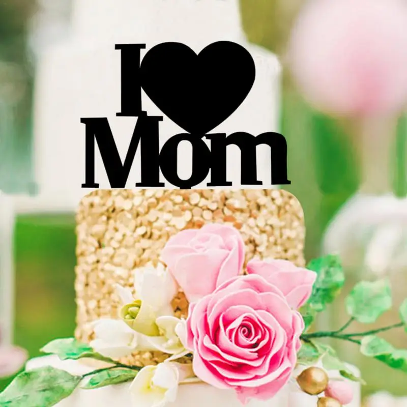

1pc I Love Mom Cake Toppers Gold Acrylic Cupcake Topper for Mother's Day Birthday Party Decorations Cake Flags for Mom