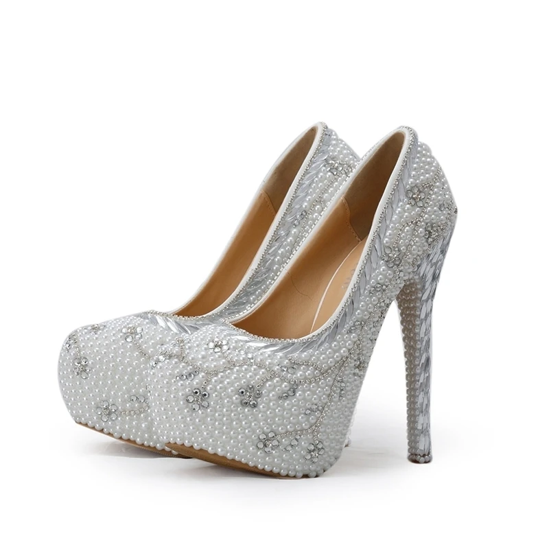 

Crystal Heel Wedding Shoes White Pearl Handmade Bridal Shoes Luxurious Rhinestone Women High Heels Platform Pumps Plus Size