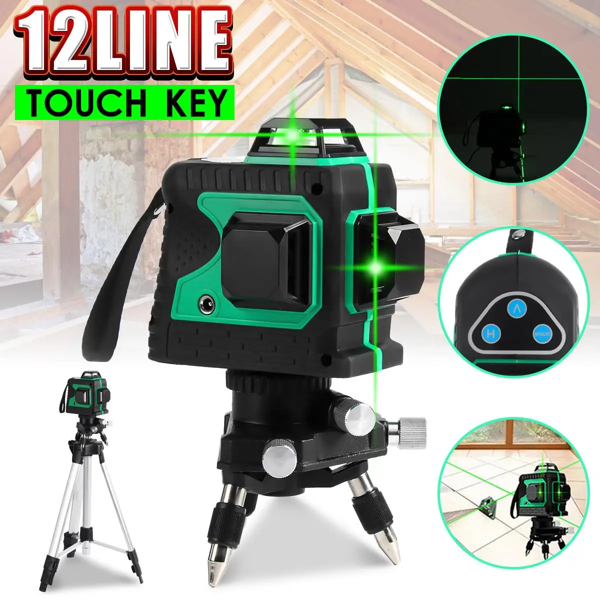 12 Line 360 Horizontal Vertical Cross 3D Green Light Laser Level Self-Leveling Measure Super Powerful Laser Beam w/Tripod Stand