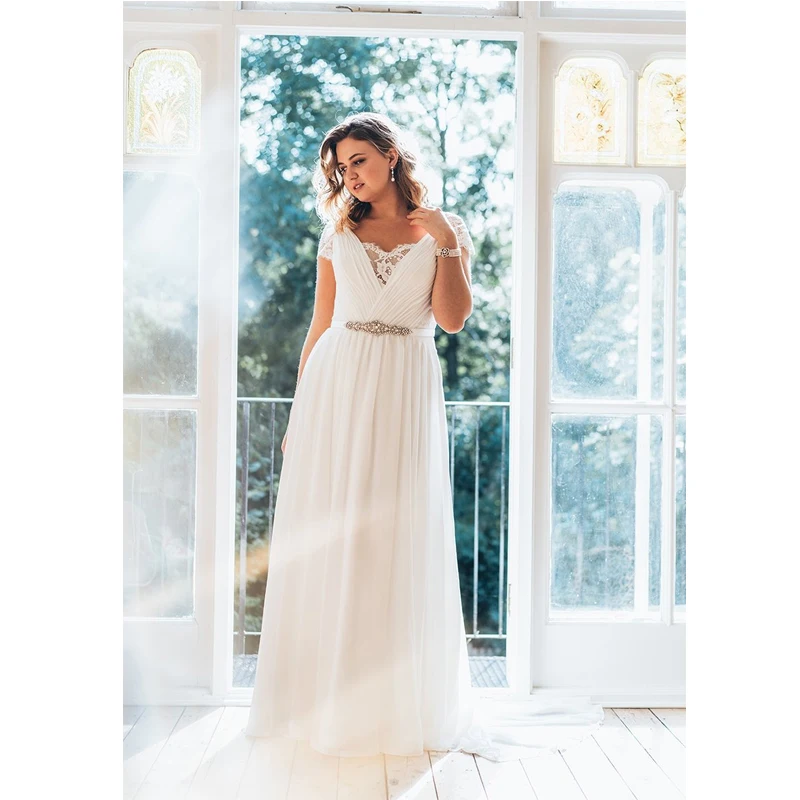 Eightale Plus Size Wedding Dresses 2019 Long V Neck Short Sleeve