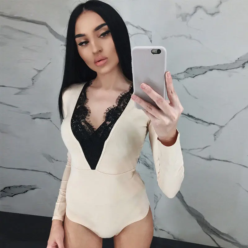 العلامة التجارية القادمون الجدد النساء جمبسوت من الدانتيل Bodycon ارتداءها يوتار بلوزة طويلة كم قميص الملابس لينة الصلبة نحيل الملابس
