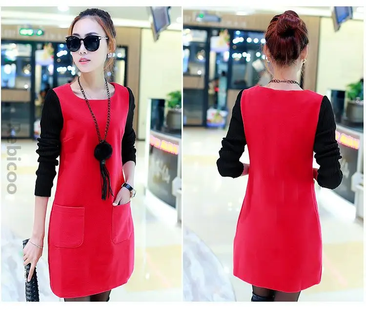 

Causal Straight Wool Dresses Female O-Neck Patchwork Long Sleeve Autumn Winter Warm Dress For Women oversized feminina